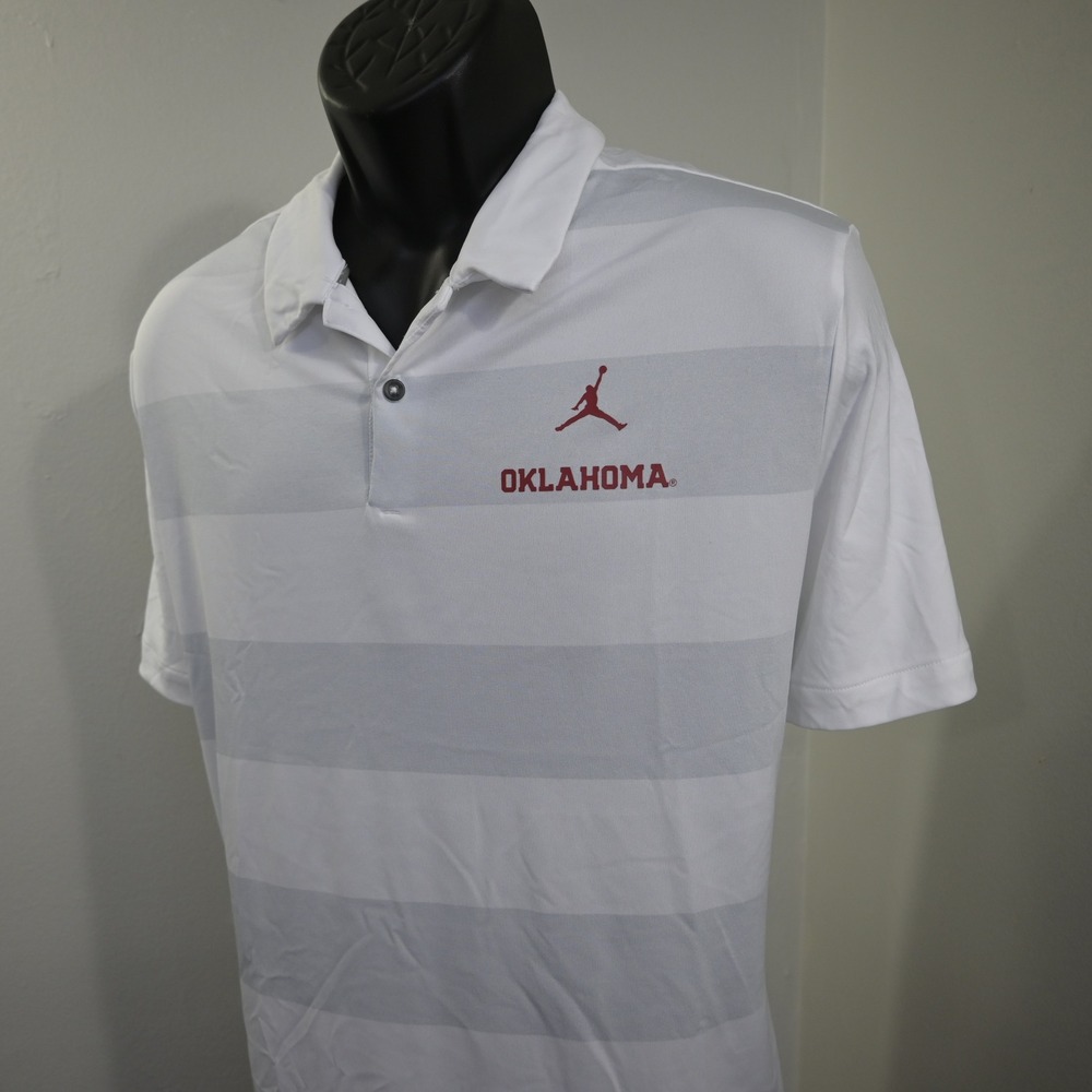 Jordan Oklahoma Sooners Golf Polo Mens XL White Gray Striped Dri-Fit Performance